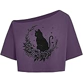 SOLY HUX Women's Plus Size Off The Shoulder Crop Tops Graphic Tees Short Sleeve Loose Fit T Shirts