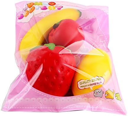 Slow Rising Jumbo Squishy Fruits, Aigogo Cute Kawai Soft Toys Stress Anxiety Release (Banana, Mango, Apple,and Big Strawberry) (Pack of 4)