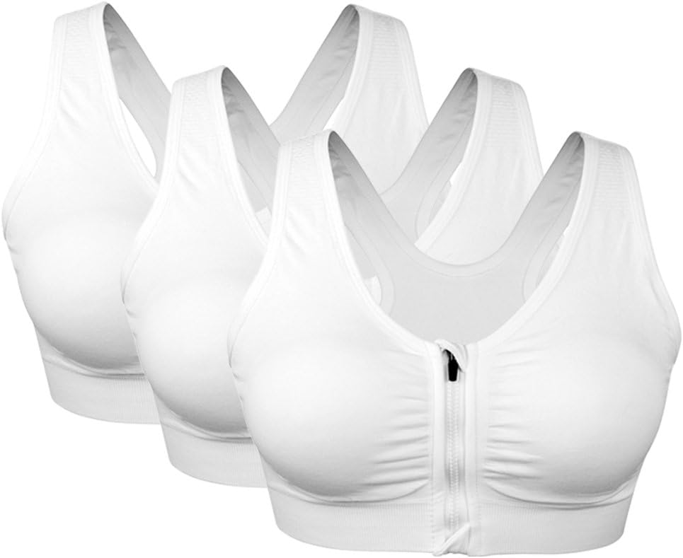 VEQSKING 3 Pack Women's Sports Bra Zip Front Non Wired Comfy Post Surgery Bra with Removable Pads