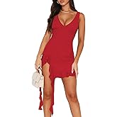 Pungdra Womens Sexy Deep V Neck Mini Dress for Women Y2K Side Slit Going Out Cocktail Wedding Party Ruffle Short Dresses