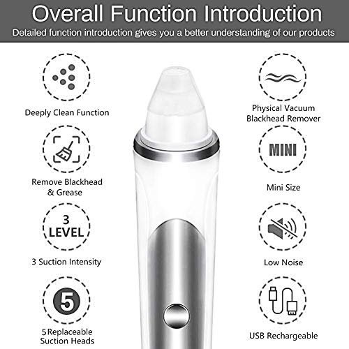 Blackhead Remover Vacuum, Pore Cleaner Vacuum Comedone Extractor Tool Device Electric Face Nose Blackhead Whitehead Remover with 3 Adjustable Suction Power and 5 Replacement Probes