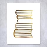 Stack of Books Gold Foil Decor Library Print Reading Study Modern Wall Art Poster 5 inches x 7 inches A19