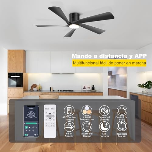 Ohniyou Ventilador de Techo de 52" con Luces LED, Mando a Distancia y Control APP, Ventiladores de Techo de Exterior de Montaje Empotrado, Luz Regulable, Motor DC Silencioso, Reversible, Negro