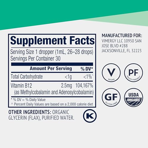 Vimergy USDA Organic Liquid Vitamin B12 Supplement 2500 mcg, Methylcobalamin & Adenosylcobalamin – Energy Support, Vegan, Non-GMO B12 Vitamins for Women & Men 30 Serving (30 mL)