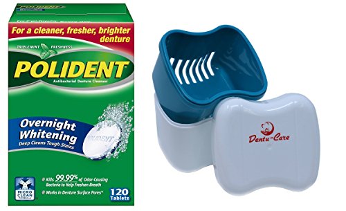 Polident Denture Cleaner Overnight Tablets 120 count with Denture Case Bath Box With Standard Basket