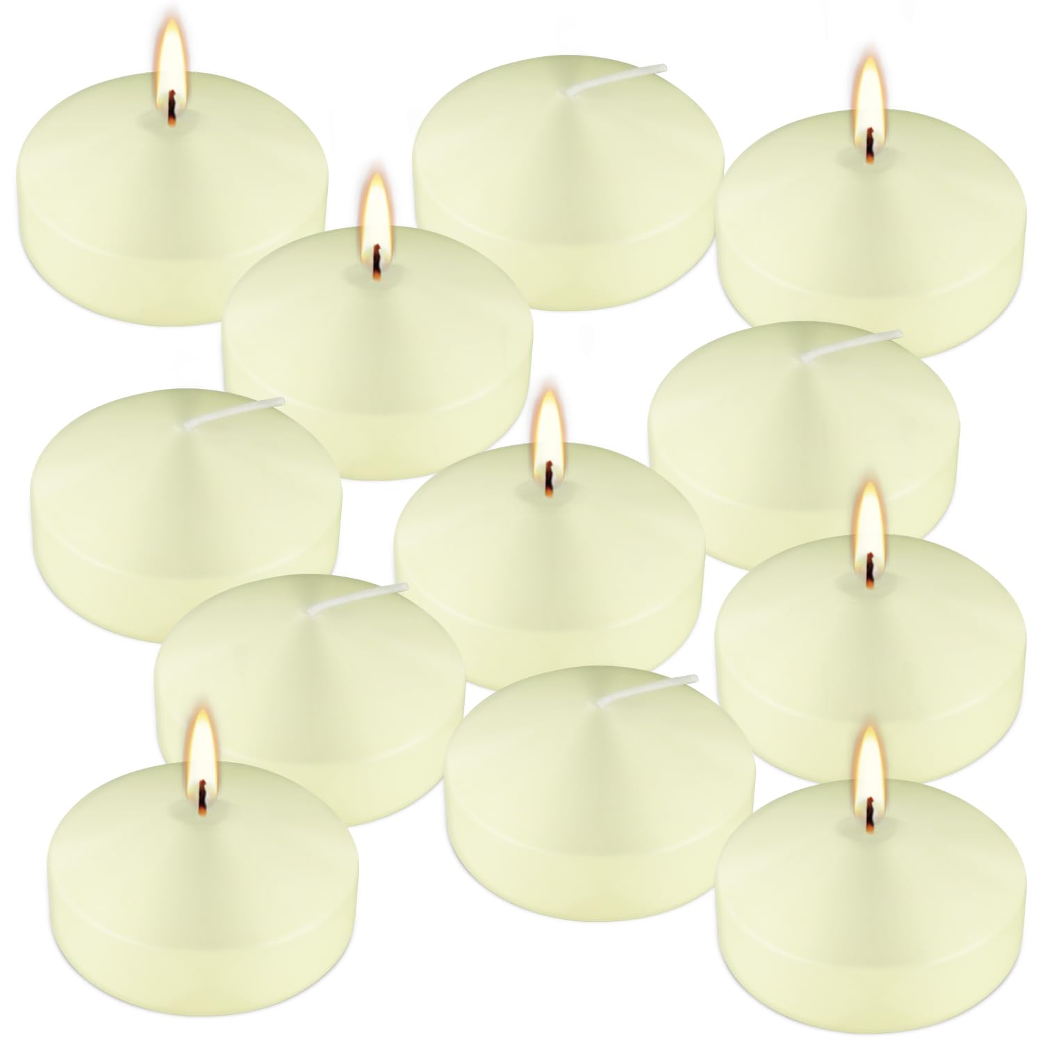 Photo 1 of 12-Pack 3" Ivory Premium Floating Candles – Long-Lasting, Smokeless – Perfect for Weddings, Pool Parties, Spa Ambiance & Decor