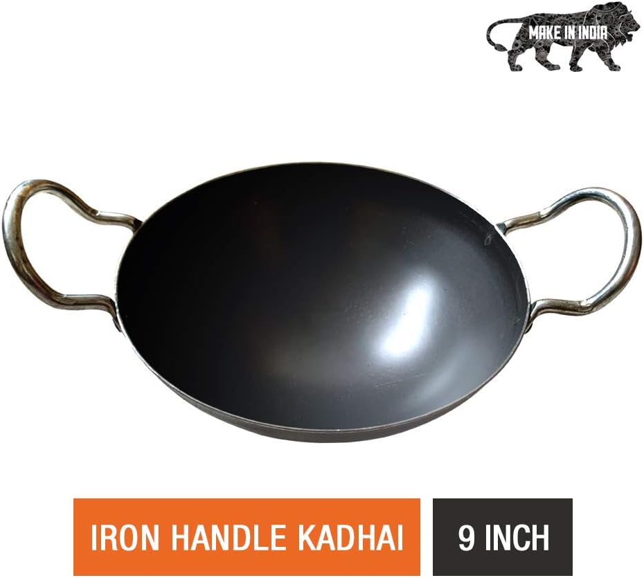 Akky Iron Fry Kadhai with Double Side Handle, Loha/Lokhandi Kadai for Cooking and Deep Frying (9 Inch / 23 cm)