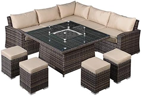 Nova Outdoor LivingDeluxe Cambridge Rattan Corner Dining Set - Fire Pit Table - 9 Seater Garden Patio Furniture Table & Sofa with Stools - Weather Resistant - Flat Weave - Brown