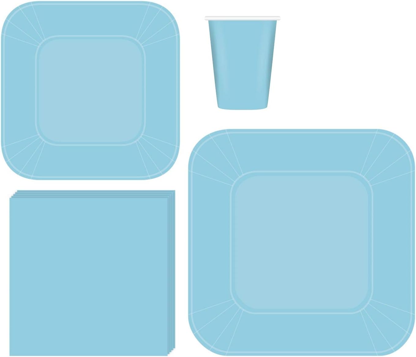 Serves 50 | Complete Party Pack | Light Blue Square Plates | 9