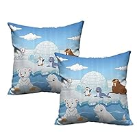 LilyDecorH Square Pillowcase,Kids Decor,Image of Arctics Animals Polar Bears Seal Penguins Wolfs Whales Artwork,Sky Blue and White 16"x 16"x2 Soft Toddler Pillowcases Set of 2