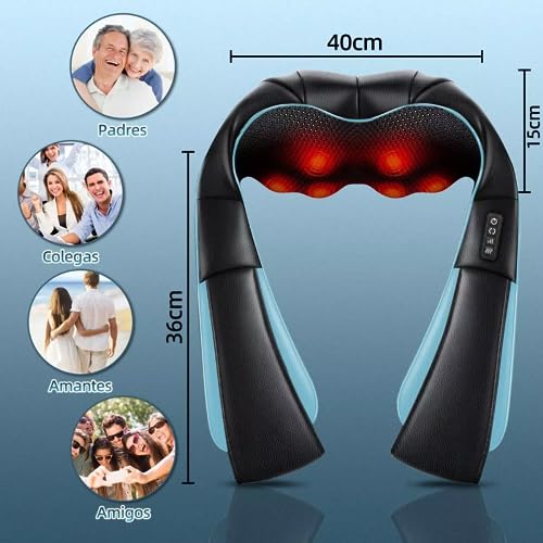 Masajeador de Espalda, Masajeador de Cuello y hombros con Calor para Alivio del Dolor Muscular,Masaje Cuello Shiatsu con 4D Rotación y 3 Velocidades, 8 Cabezales de Masaje,Negro Y Azul