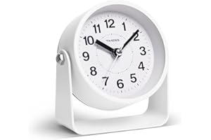 TIMESS Analog Alarm Clock, Silent Non-Ticking Quartz Movement, Battery-Operated with Snooze & On-Demand Light, Easy to Set Gentle Wake Bedside Desk Clock, Ideal for Home, Travel, Office (White)
