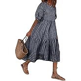 chouyatou Women's Retro Lantern Puff Sleeve Plaid Dress Gingham Swing Tiered Midi Long Dress