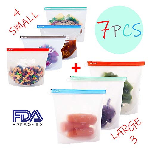 Reusable Silicone Food Storage Bags Set 4 Medium 3 Large | Sandwich, Sous Vide, Liquid, Snack, Lunch, Fruit | FDA, Keep Food Hot or Cold Airtight Zip