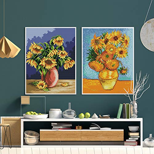 Cross Stitch Stamped Kits Pre-Printed Cross-Stitching Starter Patterns for Beginner Kids or Adults, Embroidery Needlepoint Kits Van Gogh's Sunflower Painting for Home Wall Decoration - Thumbnail 5