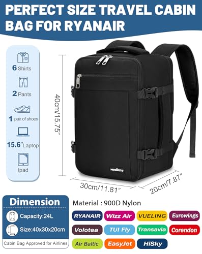 MOCOCITO Travel Backpack Cabin Airplane 40 x 20 x 30, Travel Suitcases Cabin for Vueling Waterproof Backpack Hand Luggage, 30L Backpacks Men Women Travel Backpack Laptop Backpack (Classic Black)