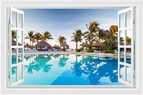 Ocean Decal Fake Windows Wall Stickers Faux Windows Wall Decal Removable PVC Beach Sea Coconut Tree Landscape Decor Home Decrication for Livingroom Bedroom 23.6x35.4 inch
