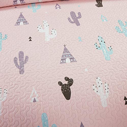 Kids Girls Cactus Quilt Set Twin Size Pink Bedding Quilt Soft Lightweight Summer Thin Bedspread Coverlet All Season Reversible Bed Set with Sham for Kids Teens Adults (1 Quilt+2 Pillow Sham)