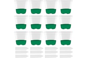 12 Pack Clear Plant Pots With Drainage Holes And Labels,Reusable Starter Trays For Indoor Outdoor Gardening,Silicone Base For