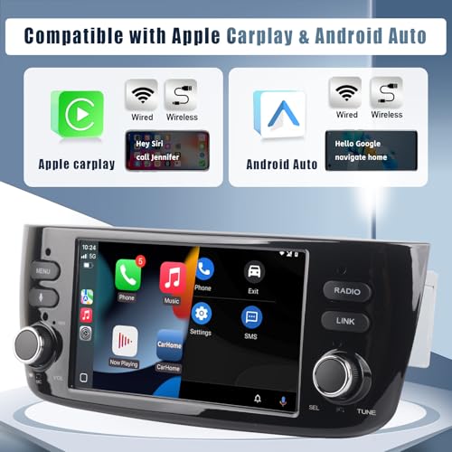 Car Radio with Wireles CarPlay & Android Car Radio for Fiat Linea Punto Evo 2012-2017 and Linea 2012-2015 with Stereo Touchscreen IPS/Bluetooth/FM/AM/USB