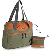 GOX Ultra Light Packable Tote Bag Weekender Crossbody Duffel Nylon for Women Small Lightweight Foldable Travel Tote under Seat Shoulder Bag on Plane Extra Large Bag with Zipper (Green&Orange)
