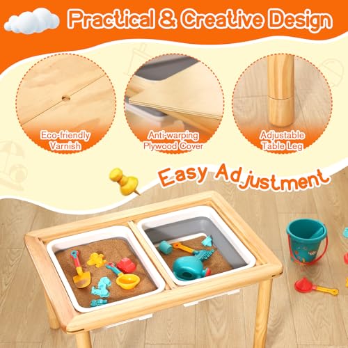 FUNLIO Wooden Sensory Table with 2 Bins for Toddlers 1-5, 3-Level Height Adjustable Kids Play Sand and Water Table, Anti-Warping Plywood Lid, Indoor/Outdoor Use, CPC Certified