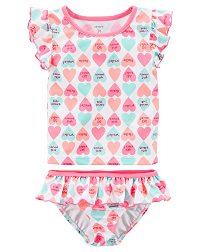 Carter's Girls' Short Sleeve Rash Guard Swimsuit Set (Baby/Toddler/Kid) (5T, White/Candy Heart)