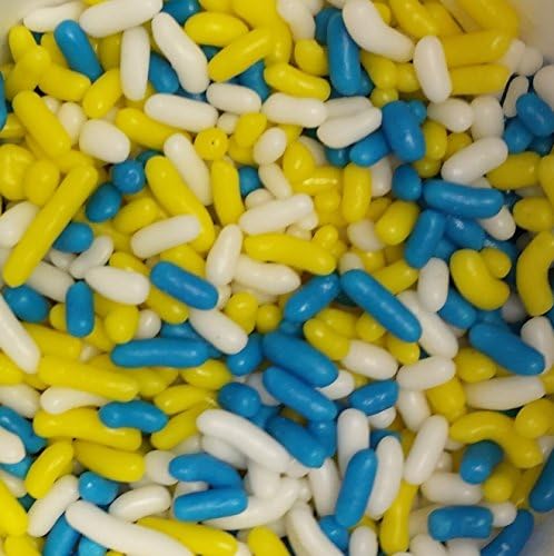 The Brittle Box  Candy  Company BRAND Ice Cream Toppings Jimmie Sprinkles YELLOW AND WHITE BLUE mix
