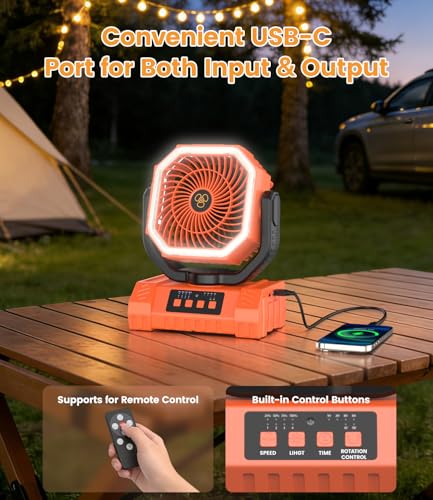 Portable Camping Fan with LED Light USB Rechargeable Fan 20000mAh - Battery Operated Silent Fan for Tent Travel Office Car - Mini Portable Fan with Hook and Base