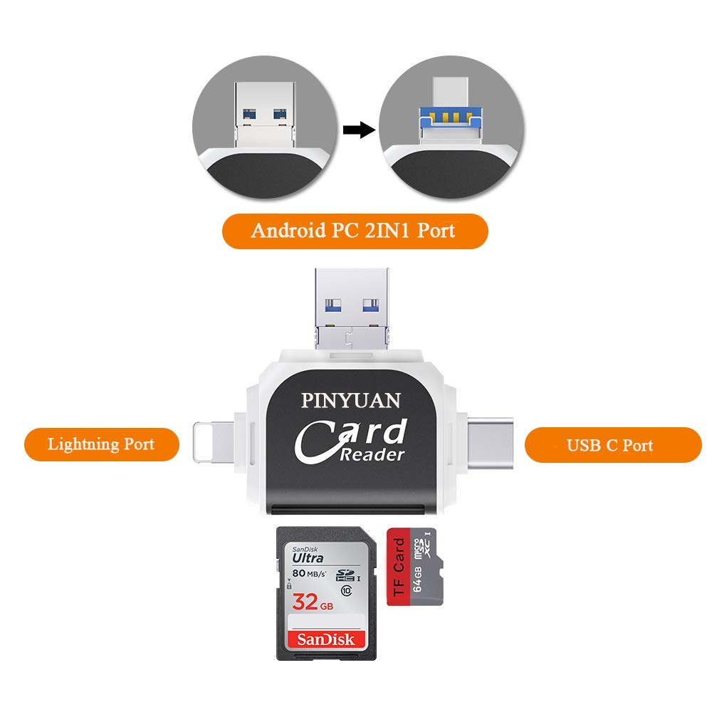 SD Card Reader,Memory Micro SD Card Reader USB Type C Adapter Viewer Compatible with iPhone iPad Android Mac - with 8pin Micro USB Type C 4 in 3