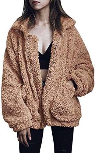 Womens Shearling Coat Long Sleeve Lapel Zip Up Shaggy Sherpa Jacket Camel Faux Oversized Outwear