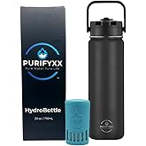 PURIFYXX HydroBottle | Stainless Steel Filtered Water Bottle, 24 oz | BPA-Free, Removes Lead, Chlorine, Arsenic, VOCs | Filter Lasts 3 Months, Replaces 568 Plastic Bottles (Black)