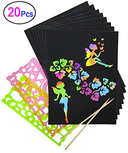 Rainbow Scratch Paper, Mega Value 20 Sheet Rainbow Art Scratch Boards.(2 Stylus and 2 rulers)