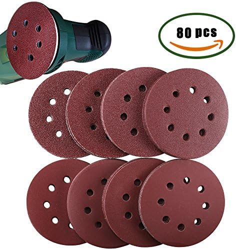 INNKER 80pcs 5 inch 8 Hole Sanding Discs Hook Loop Sandpaper Circular 40/60/80/120/180/240/320/400 Grits for Random Orbital Sander