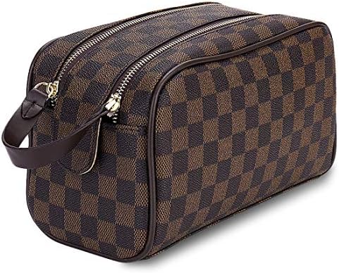 Luxury Checkered Cosmetic Bag Two-Zipper Make Up Bag PU Leather Toiletry Travel Bag for Women,Brown