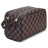 Luxury Checkered Cosmetic Bag Two-Zipper Make Up Bag PU Leather Toiletry Travel Bag for Women,Brown