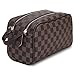 Luxury Checkered Cosmetic Bag Two-Zipper Make Up Bag PU Leather Toiletry Travel Bag for Women,Brown