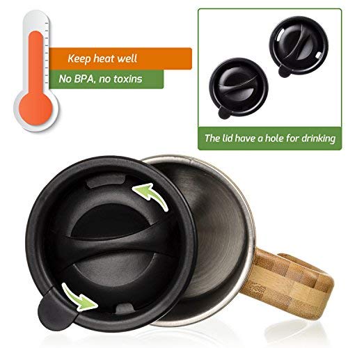 InGwest Active Life. Bamboo Coffee Mug for Man/Woman - 13.5 ounce. Super Light Eco Stainless Steel Coffee\Tea Mug with Lid and Bamboo Handle! Thickened layer of bamboo!