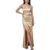 Rosegalette Women’s Satin One-Shoulder Ruched High Slit Elegant Bodycon Maxi Evening Prom Gown Sexy Formal Dress