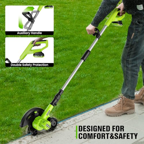Cordless Lawn Edger, 20V Battery Powered Edger for Lawns Sidewalk | 2 x 2.0 Ah Batteries & Fast Charger 9 Inch Blade Dual Wheels 3500 RPM 400W Motor Edger with 3 Depth Settings for Driveway