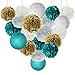 Furuix Big Size White Teal Grey Gold 10inch 8inch Tissue Paper Pom Pom Paper Lanterns Mixed Package for Teal Themed Party Wedding, Bridal Shower Decor Teal Blue Baby Shower Teal Wedding Decoration