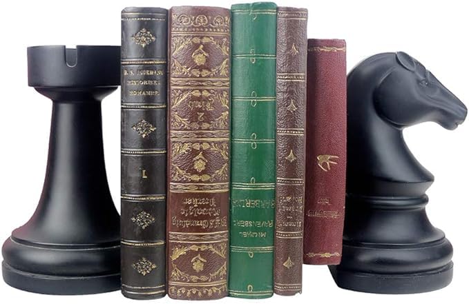 Decorative Bookends Black Chess Book Ends Heavy Book Supports, Unique Bookends Decor for Office Home Desk Bookrack, 7"(L) x4(W) x7(H), 1Pair/2Piece