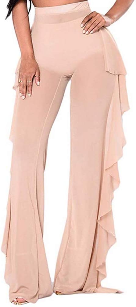 Mikely store Women's See Through Mesh Pants Transparent Bikini Bottom Cover Up Ruffle Long Pants