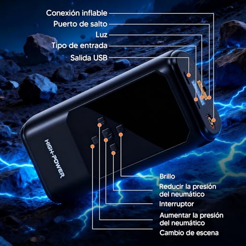 Arrancador de Batería 6000A con Compresor, 10 en 1 Jump Starter 12V para 10L Diésel, Inflador 160 PSI, Luz LED y Cable de arranque estándar – Caja de Arranque Portátil para Auto, Edición estándar