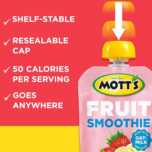 MOTT’S FRUIT SMOOTHIES STRAWBERRY BANANA, 4.2 OZ CLEAR POUCHES, 8 PACK, NON-DAIRY, MADE WITH OATMILK, MADE WITH REAL FRUIT, GOOD SOURCE OF CALCIUM, ON-THE-GO