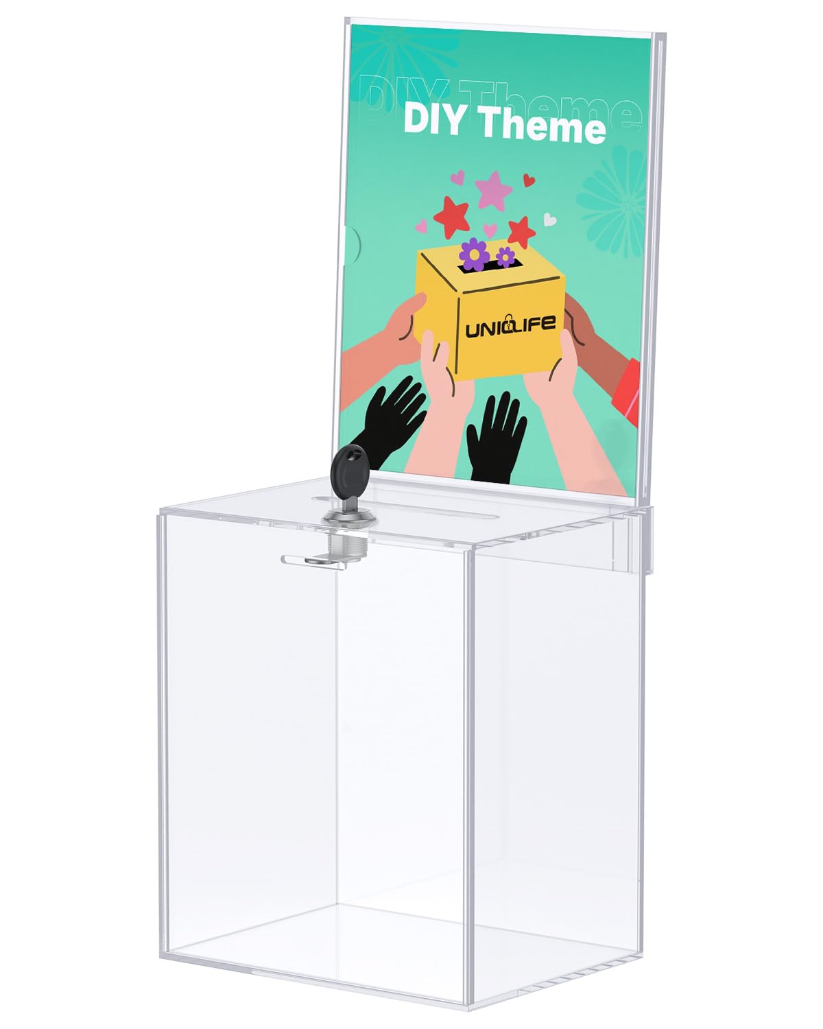 Photo 1 of Uniclife Tall Acrylic Donation Box for Fundraising, Clear Suggestion Box with Slot and Lock, Ballot Boxs with Sign Holder, Plastic Storage Container for Voting Charity Tip Collection, 6.7" x 5" x 8"