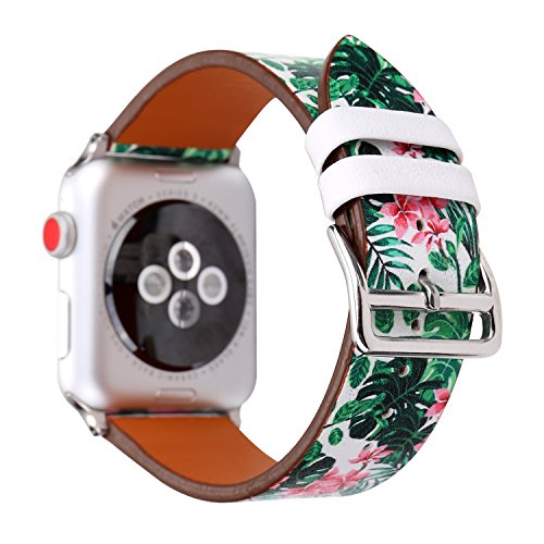 YOSWAN Bracelet for Apple Watch, National Black White Floral Printed Leather Watch Band 38mm 42mm Strap for Apple Watch Flower Design Wrist Watch Bracelet (Fresh Style Flower, 42mm)