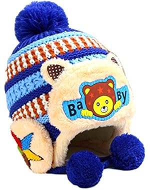 Winter Warm Knitted Button Bear Double Ball Wool Cap Hats for Baby Girls Boys