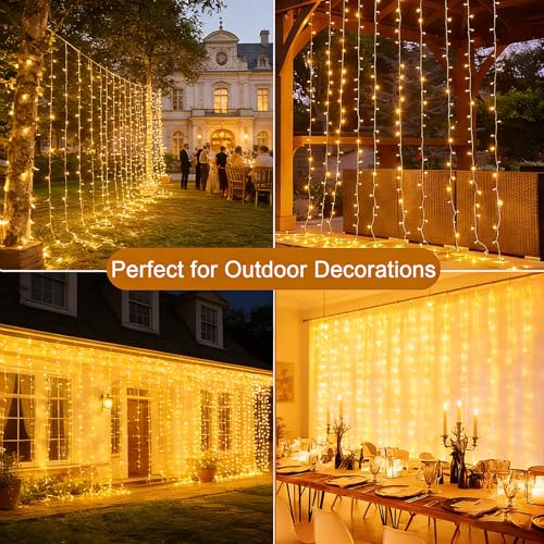 yowin 6 m x 3 m 600 LED Waterfall Lights Waterproof IP65 with Timer, 8 Modes Tent Lights with Socket for Wedding, Gazebo, Window, Wall, Garden – Warm White