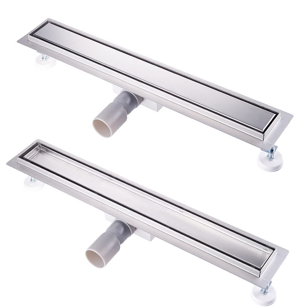 Finmrys Shower Drain 50 cm Tilable Stainless Steel Complete Set Shower Drain Extra Flat Siphon with Odour Stop and Hair Strainer Shower Drain Floor Drain Sizes 30 cm - 100 cm Drain Channel for